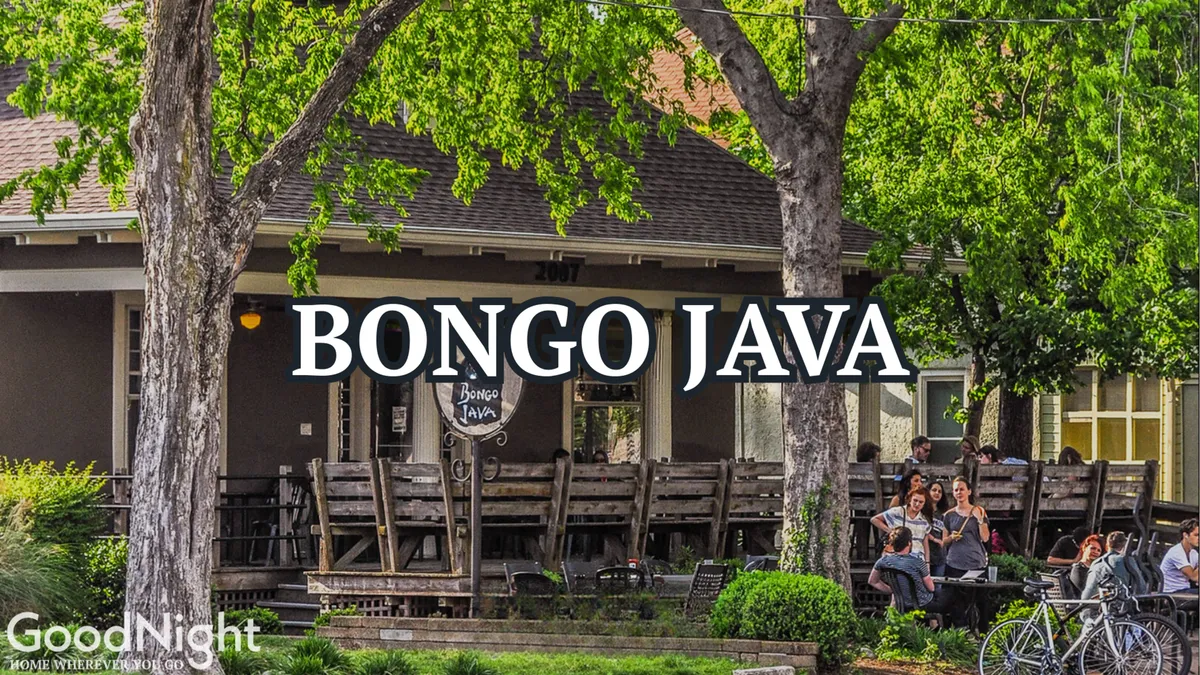 The exterior of Bongo Java, featuring its recognizable sign, outdoor seating, and people enjoying coffee in a relaxed, sunny environment. The image highlights community vibes and the ease of accessing local cafes.
