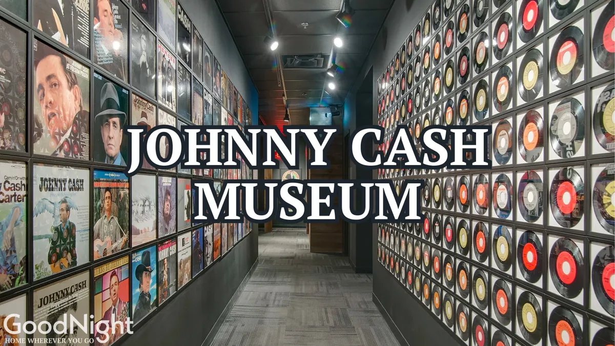 The image features interior views of a museum with displays of album covers, vinyl records, and signage dedicated to Johnny Cash. The memorabilia and interactive exhibits evoke Music City’s deep musical roots and storied past.