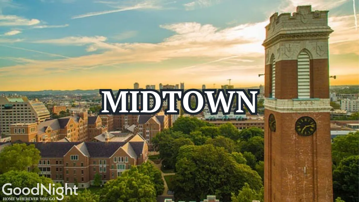 A scenic exterior view featuring a historic clock tower surrounded by lush green trees, with the Nashville urban skyline in the background. The image evokes a sense of nostalgia and discovery, perfect for walking tours or exploring the city’s architectural history.