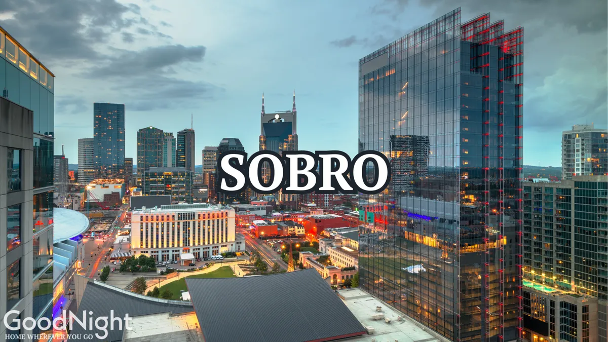 A sweeping nighttime view of Nashville’s city skyline, with buildings aglow and streets lit up, highlighting the city's lively atmosphere and the promise of adventure after dark.